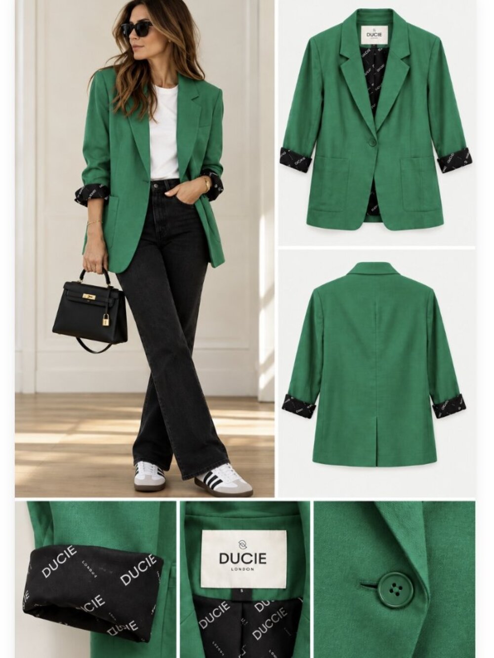 DUCIE London Emerald Green Linen Blend Longline Blazer Jacket Size Small